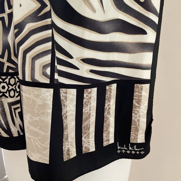 Vintage Nicole Miller Studio Silk Geometric Scarf Black Rectangular 11X54 Luxury - Picture 3 of 7